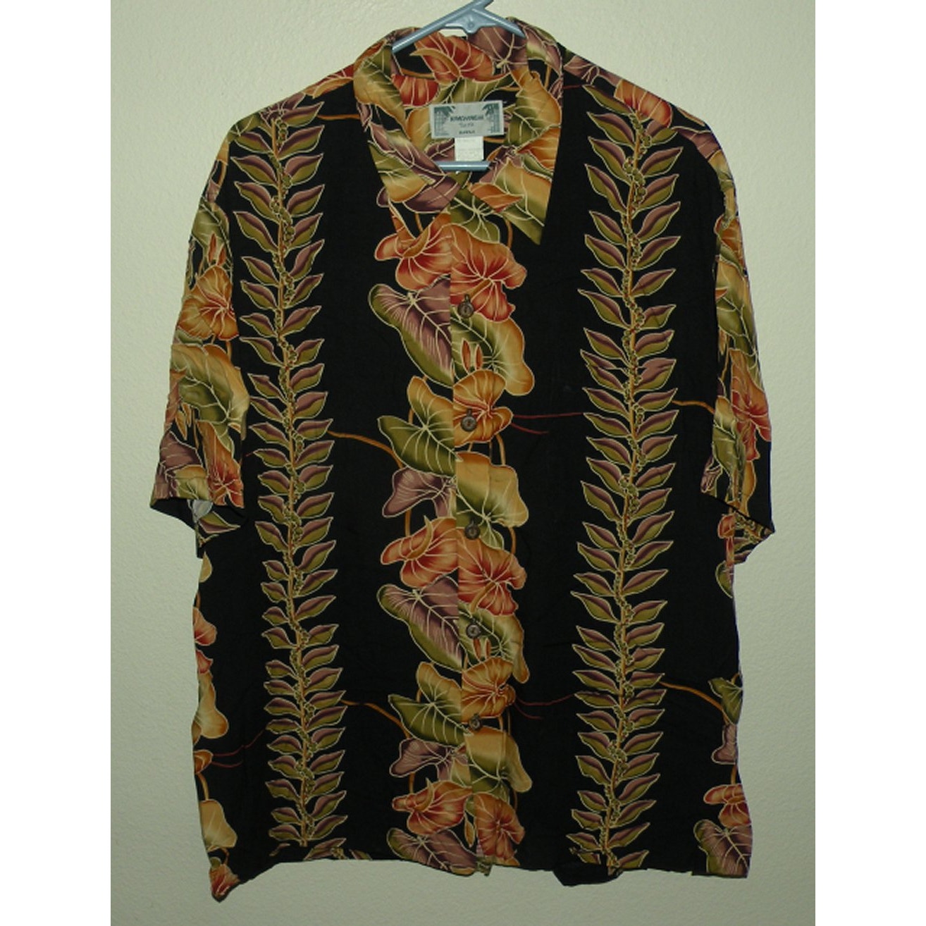 Vtg Kamehameha Men’s Xl Hawaiian Button Shirt Black Floral Loop Collar K-10 Usa